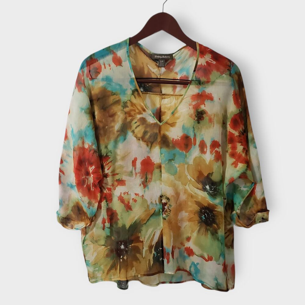 Tommy Bahama Womens 100% Silk Chiffon Floral Watercolor Sheer Blouse Small‎